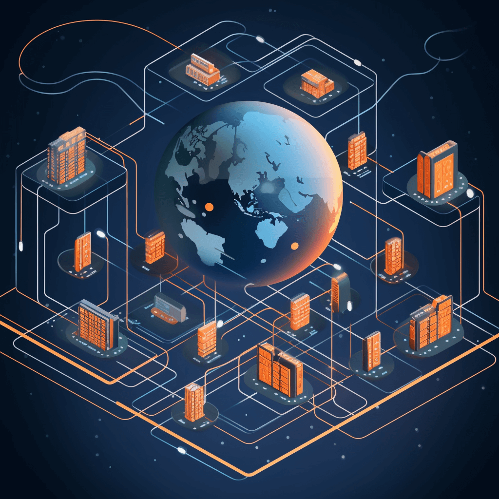 Illustration eines Globus mit angeschlossenen IT-Infrastrukturen drum herum